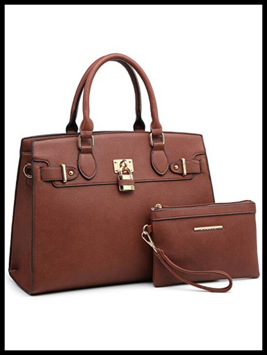 Handbags - Dasein Vegan Leather Satchel Handbag with Matching Clutch, Top Handle Tote for